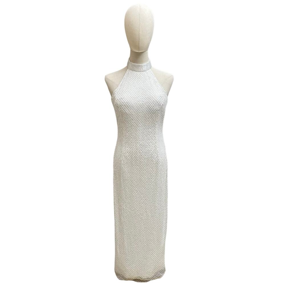 Mac Duggal Sz 4 Embellished Halter Neck White Midi Sheath Dress Formal Gala